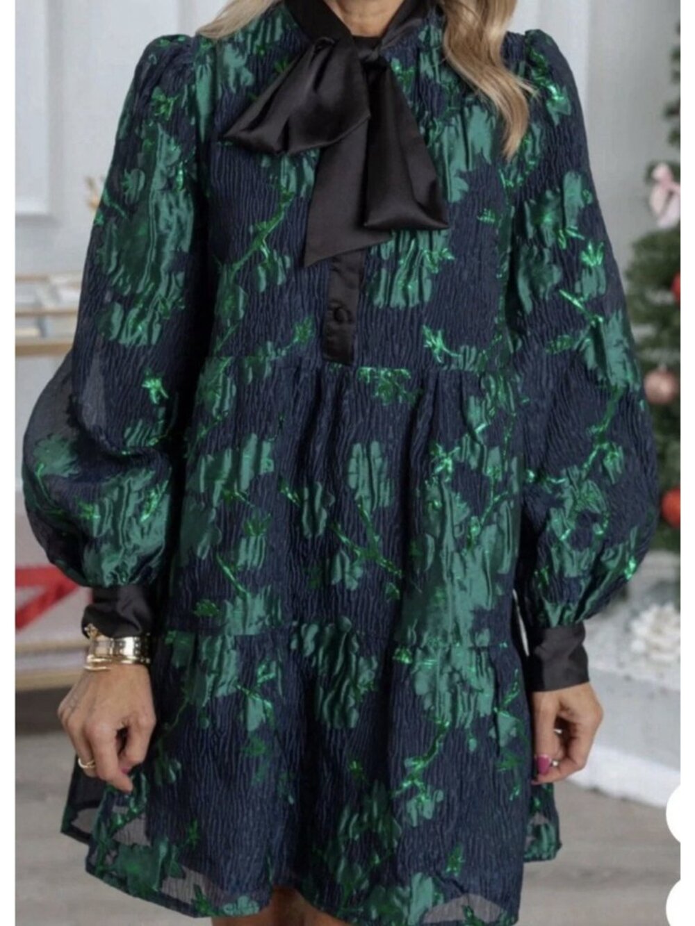 Flying Tomato Dress Womens Size Large Holiday Christmas Green Blue Tie Neckline